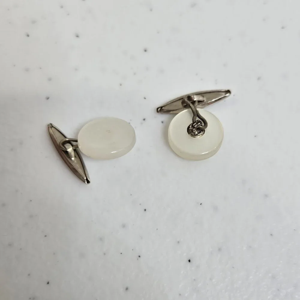 Vintage Mens Cufflinks Large Round Button Style Smooth Plastic Silver Tone White